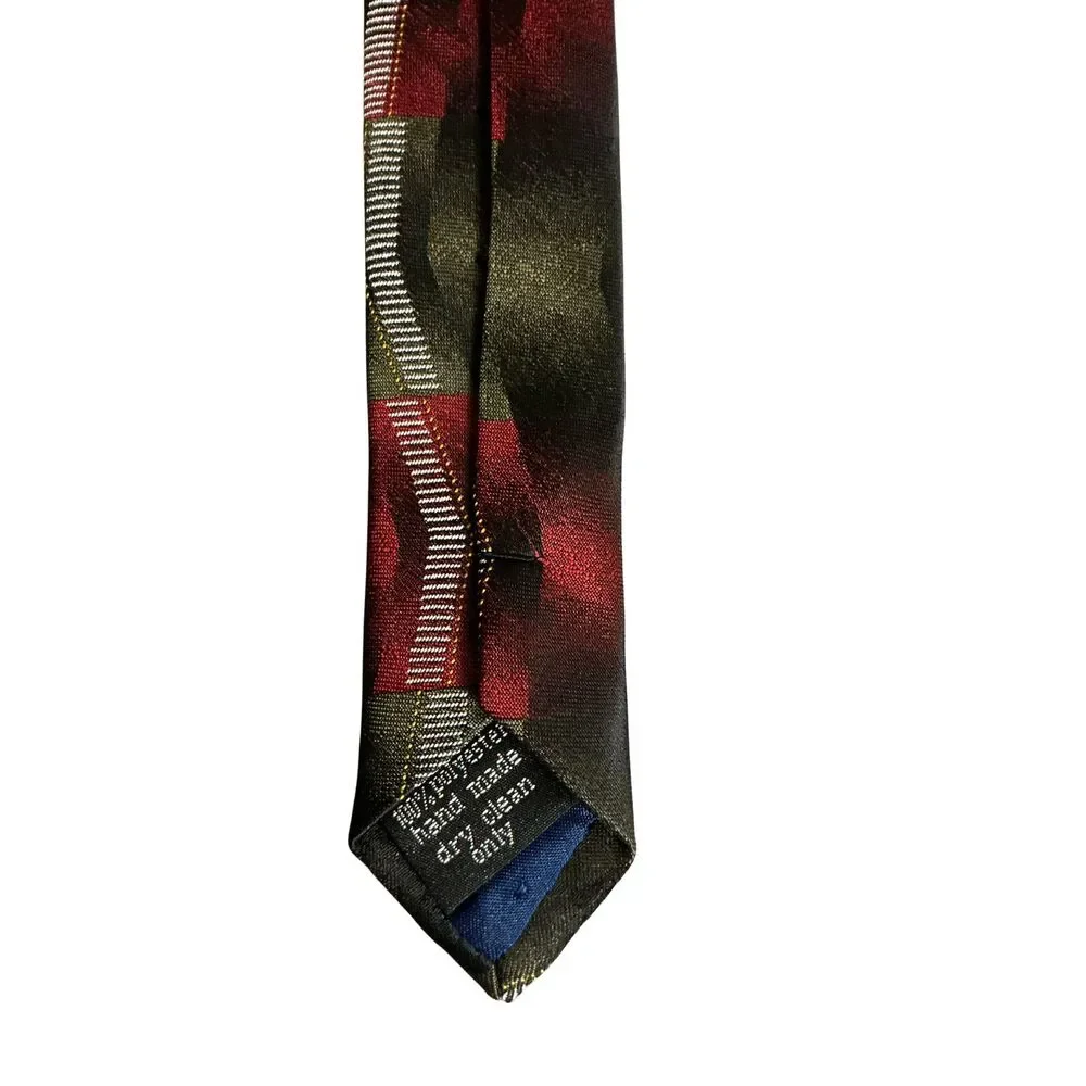 Carlos Devenezia Mens Necktie 59”L 4”W Handmade Geometric Red Olive Green Tie
